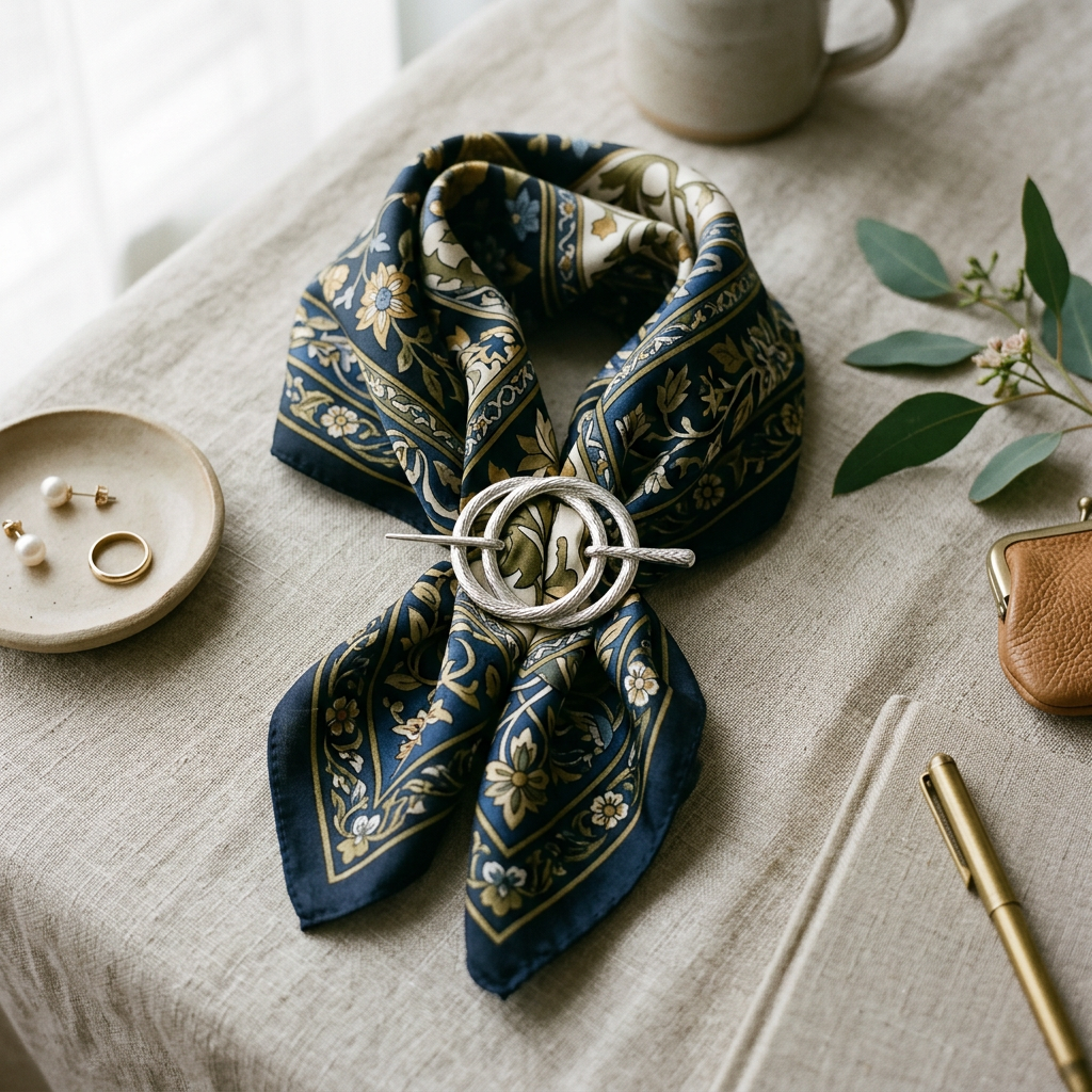 Multifunctional scarf buckle brooch lifestyle flat lay