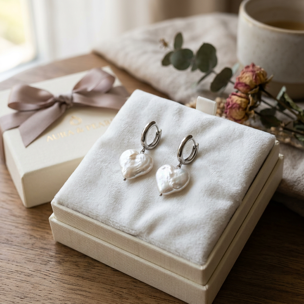 Heart baroque pearl stainless steel earrings lifestyle photo