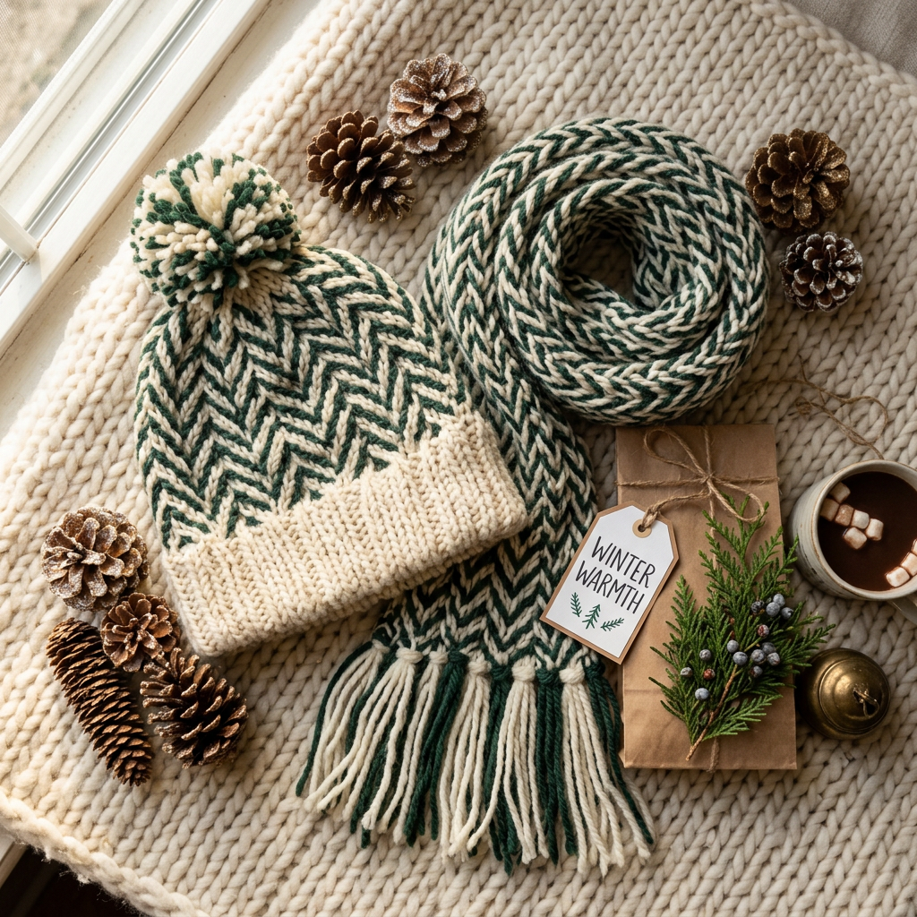 Knitted hat and scarf winter set lifestyle flat lay